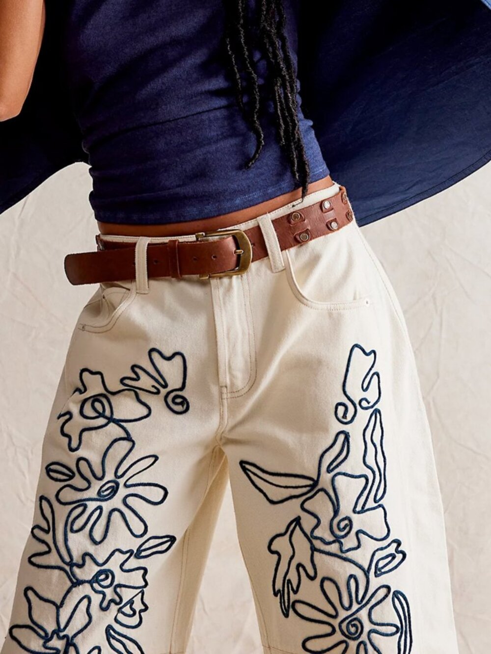 Free People Good Luck Barrel Soutache Floral Embroidered Ivory Combo Jeans 26-28 - Picture 3 of 7
